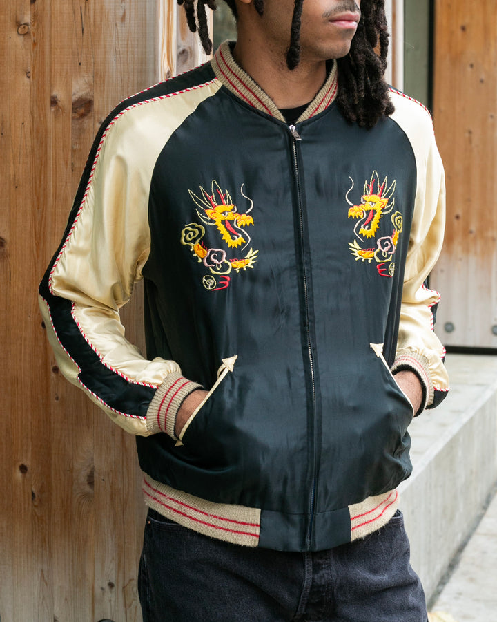 Japanese Repro Souvenir Jacket, Reversible, L, Silver with Map and Animals