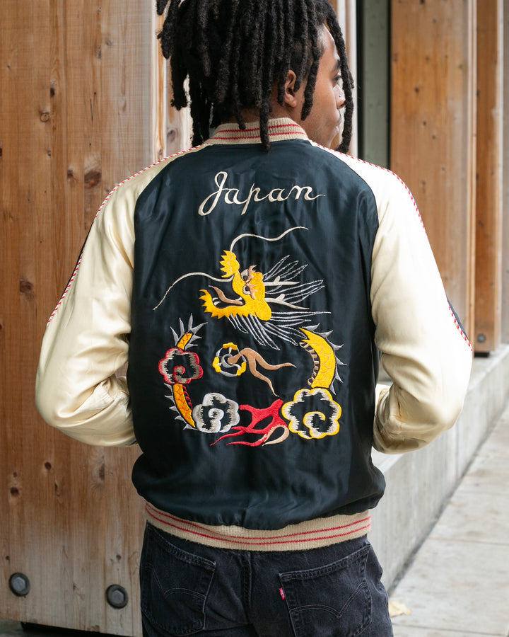 Japanese Repro Souvenir Jacket, Reversible, L, Silver with Map and Animals
