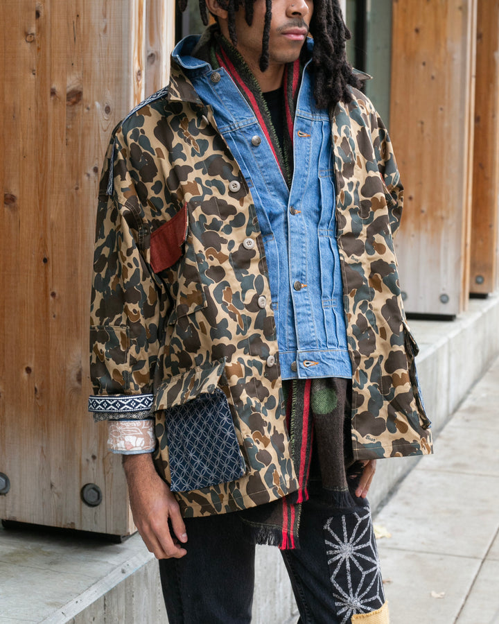 Kiriko Custom Military Jacket, Camo Patched, Crane and Chrysanthemum Obi with Hishi Webbing, Shippou, Asanoha, and Rust Pocket Flaps