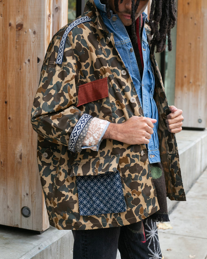 Kiriko Custom Military Jacket, Camo Patched, Crane and Chrysanthemum Obi with Hishi Webbing, Shippou, Asanoha, and Rust Pocket Flaps