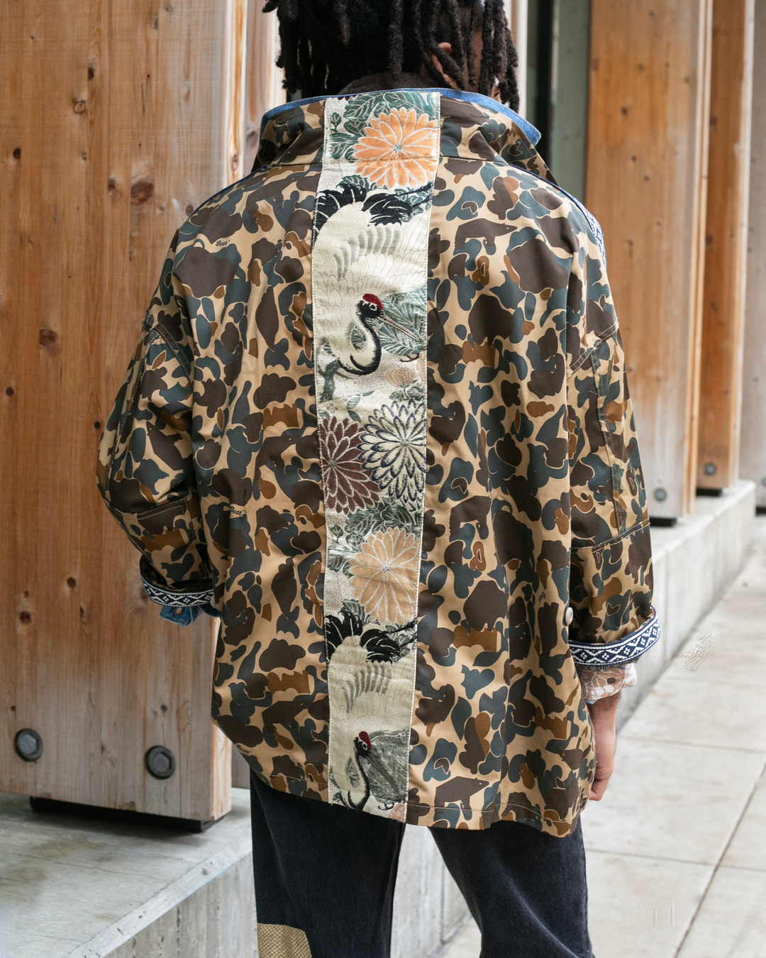 Kiriko Custom Military Jacket, Camo Patched, Crane and Chrysanthemum Obi with Hishi Webbing, Shippou, Asanoha, and Rust Pocket Flaps
