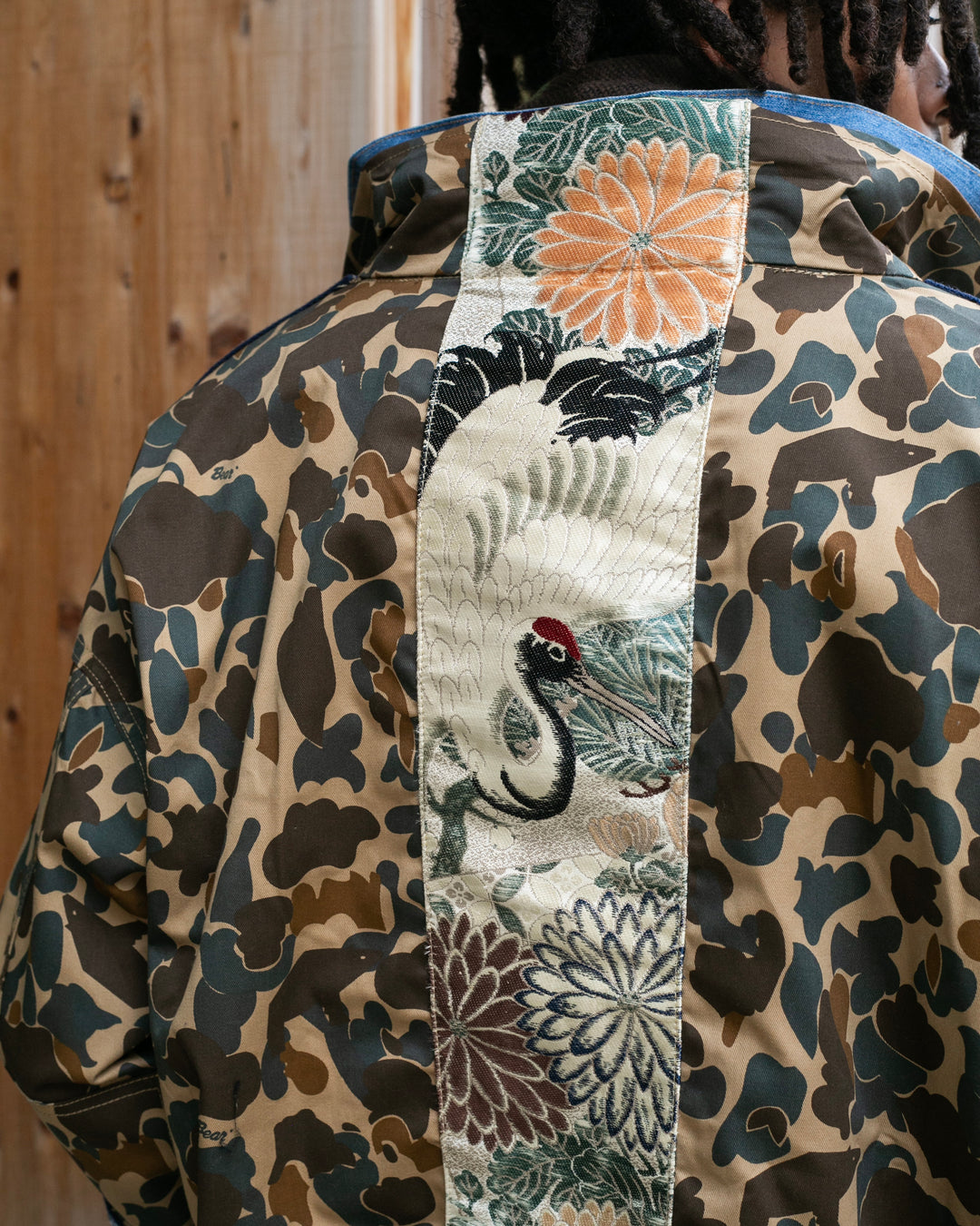 Kiriko Custom Military Jacket, Camo Patched, Crane and Chrysanthemum Obi with Hishi Webbing, Shippou, Asanoha, and Rust Pocket Flaps