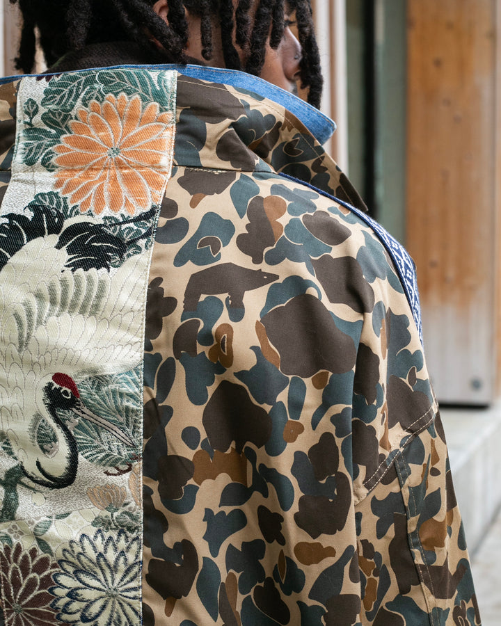 Kiriko Custom Military Jacket, Camo Patched, Crane and Chrysanthemum Obi with Hishi Webbing, Shippou, Asanoha, and Rust Pocket Flaps