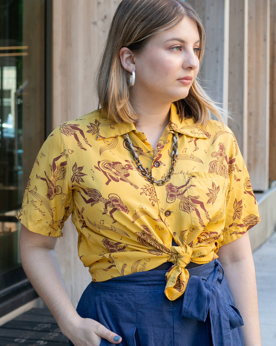 Japanese Repro, Short Sleeve Aloha Shirt, Sun Surf Brand, Yellow with Musical Dancers - S