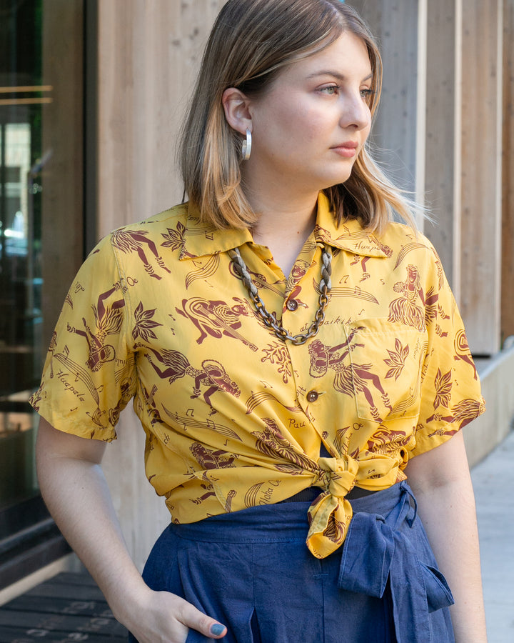 Japanese Repro, Short Sleeve Aloha Shirt, Sun Surf Brand, Yellow with Musical Dancers - S