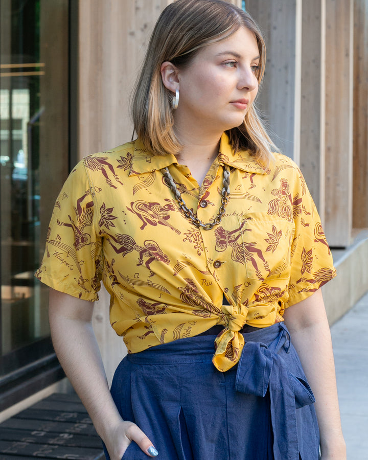 Japanese Repro, Short Sleeve Aloha Shirt, Sun Surf Brand, Yellow with Musical Dancers - S