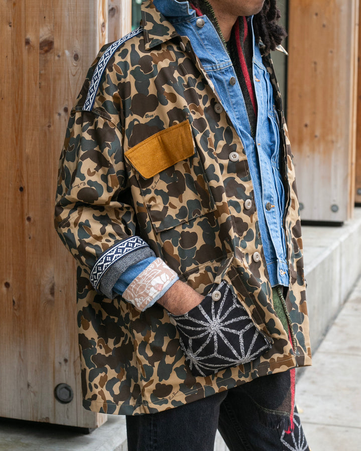 Kiriko Custom Military Jacket, Camo Patched, Kiri Karakusa Obi with Hishi Webbing, Asanoha, and Orange Pocket Flaps