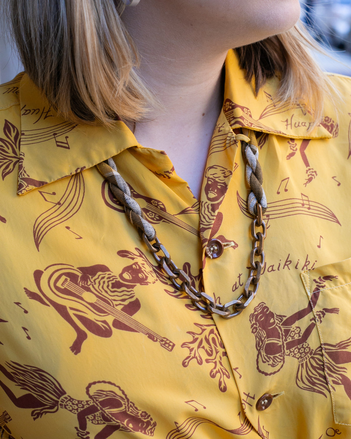 Japanese Repro, Short Sleeve Aloha Shirt, Sun Surf Brand, Yellow with Musical Dancers - S