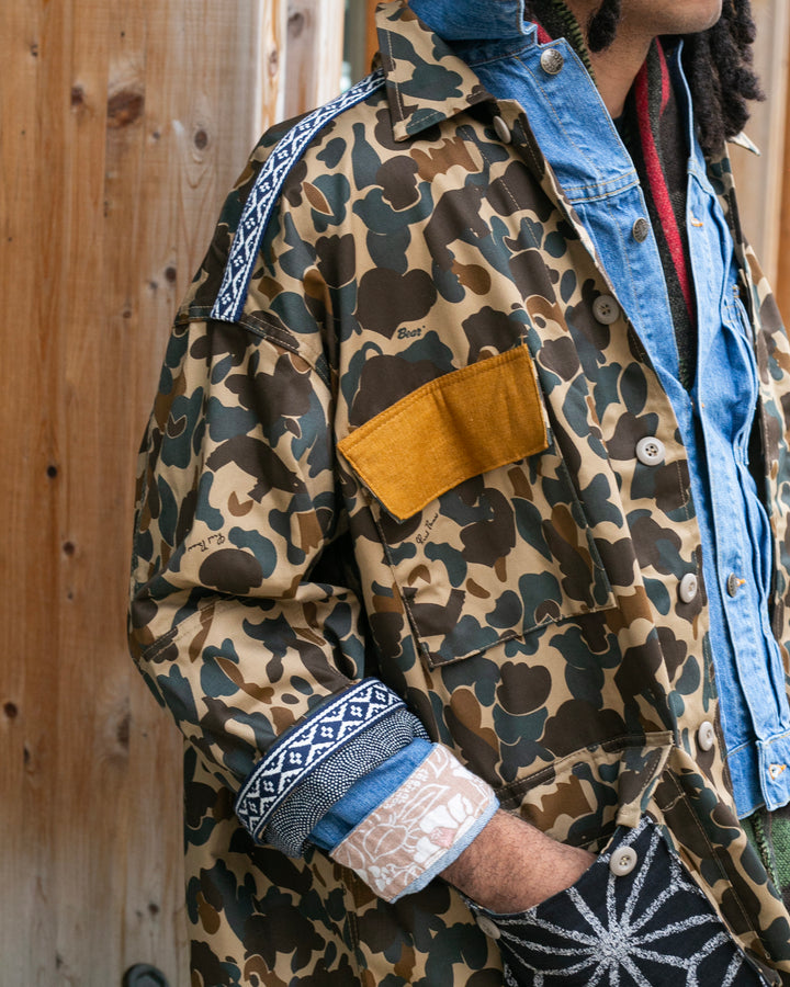 Kiriko Custom Military Jacket, Camo Patched, Kiri Karakusa Obi with Hishi Webbing, Asanoha, and Orange Pocket Flaps