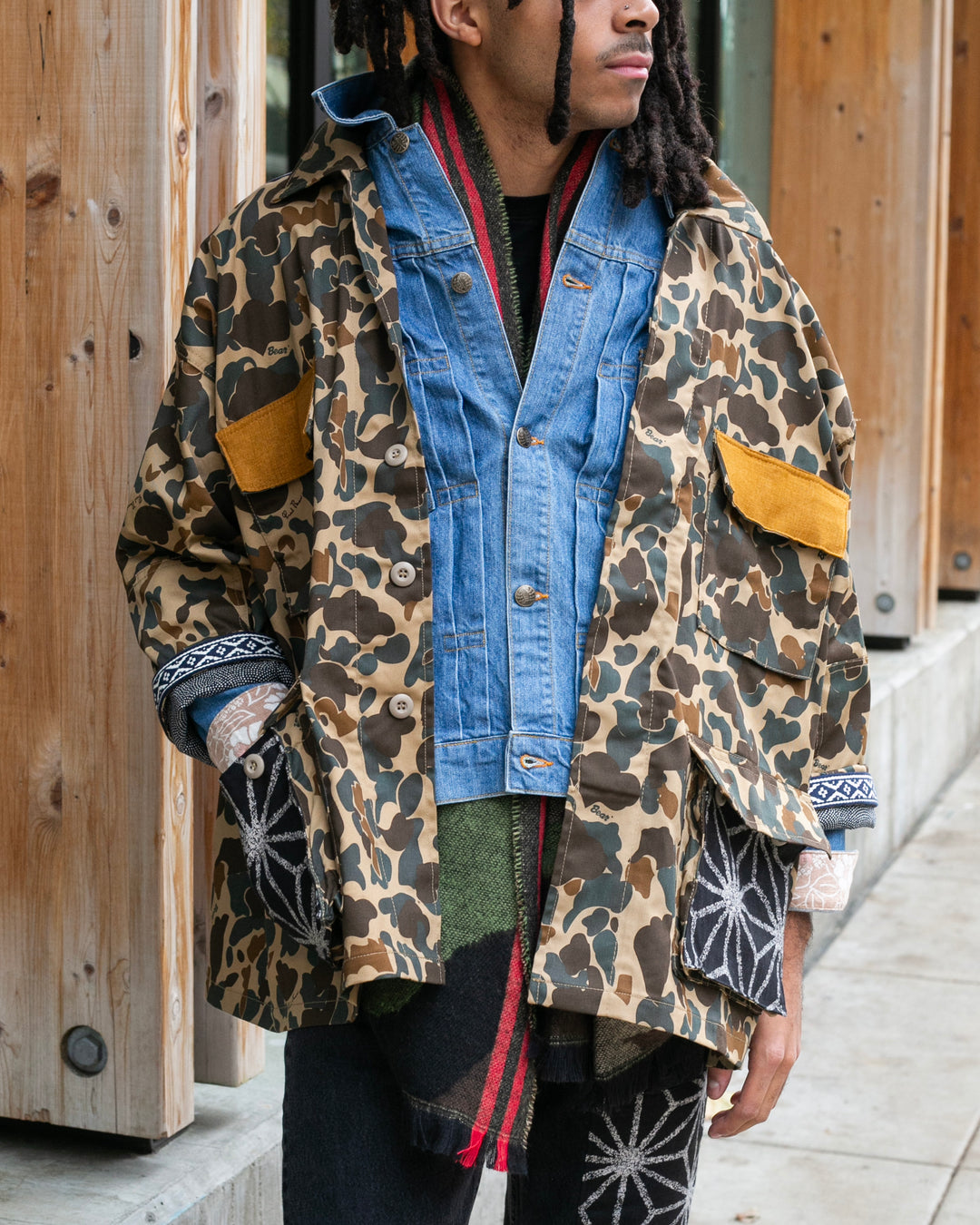 Kiriko Custom Military Jacket, Camo Patched, Kiri Karakusa Obi with Hishi Webbing, Asanoha, and Orange Pocket Flaps