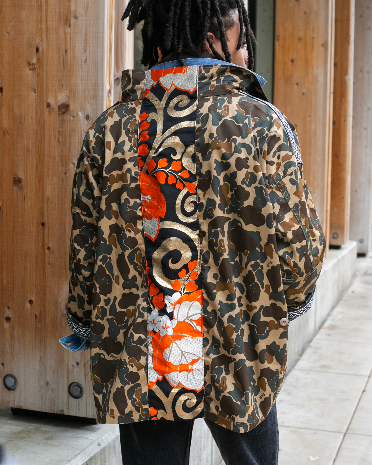 Kiriko Custom Military Jacket, Camo Patched, Kiri Karakusa Obi with Hishi Webbing, Asanoha, and Orange Pocket Flaps