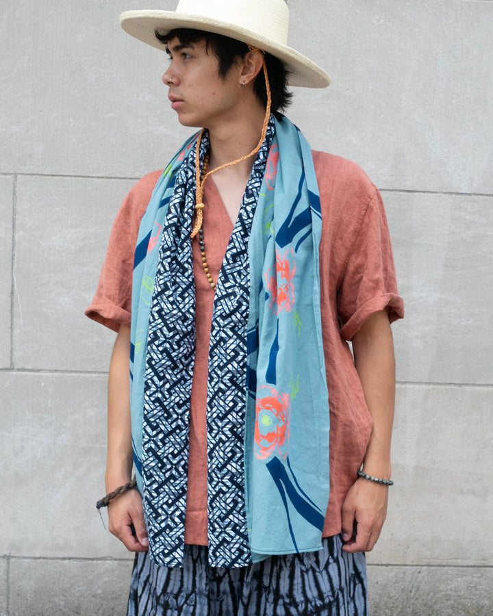 Kiriko Original Scarf, Split Yukata, Wide, Faded Teal with Pink and Green Abstract Flowers