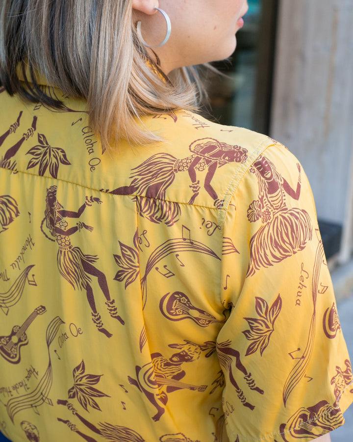 Japanese Repro, Short Sleeve Aloha Shirt, Sun Surf Brand, Yellow with Musical Dancers - S
