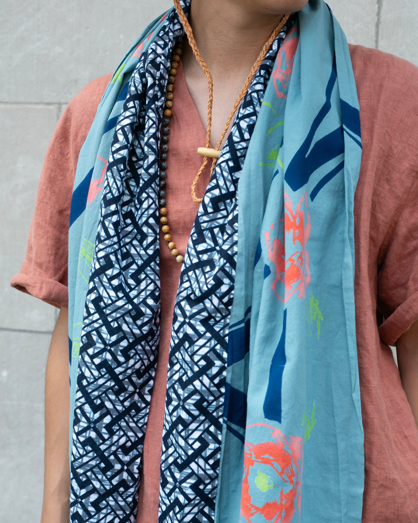 Kiriko Original Scarf, Split Yukata, Wide, Faded Teal with Pink and Green Abstract Flowers
