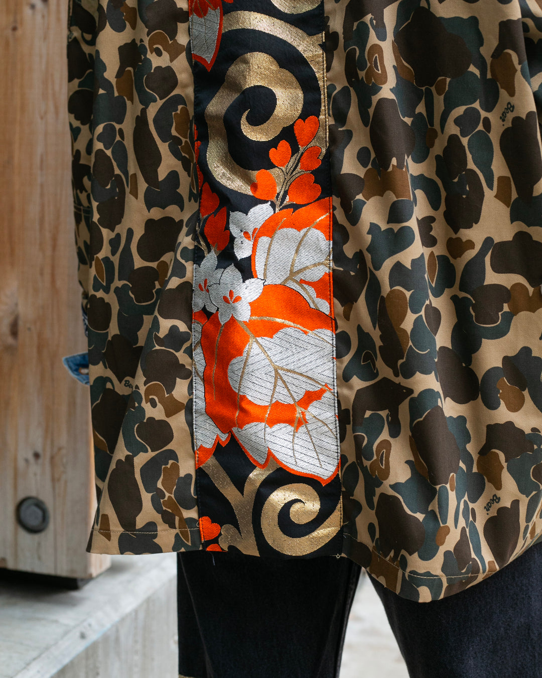 Kiriko Custom Military Jacket, Camo Patched, Kiri Karakusa Obi with Hishi Webbing, Asanoha, and Orange Pocket Flaps