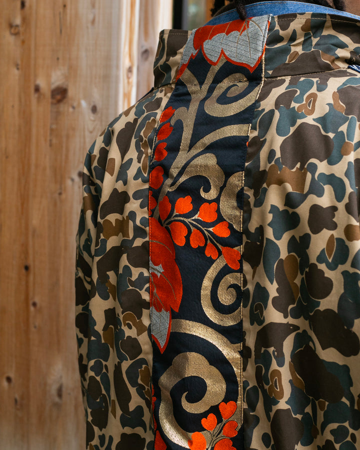 Kiriko Custom Military Jacket, Camo Patched, Kiri Karakusa Obi with Hishi Webbing, Asanoha, and Orange Pocket Flaps