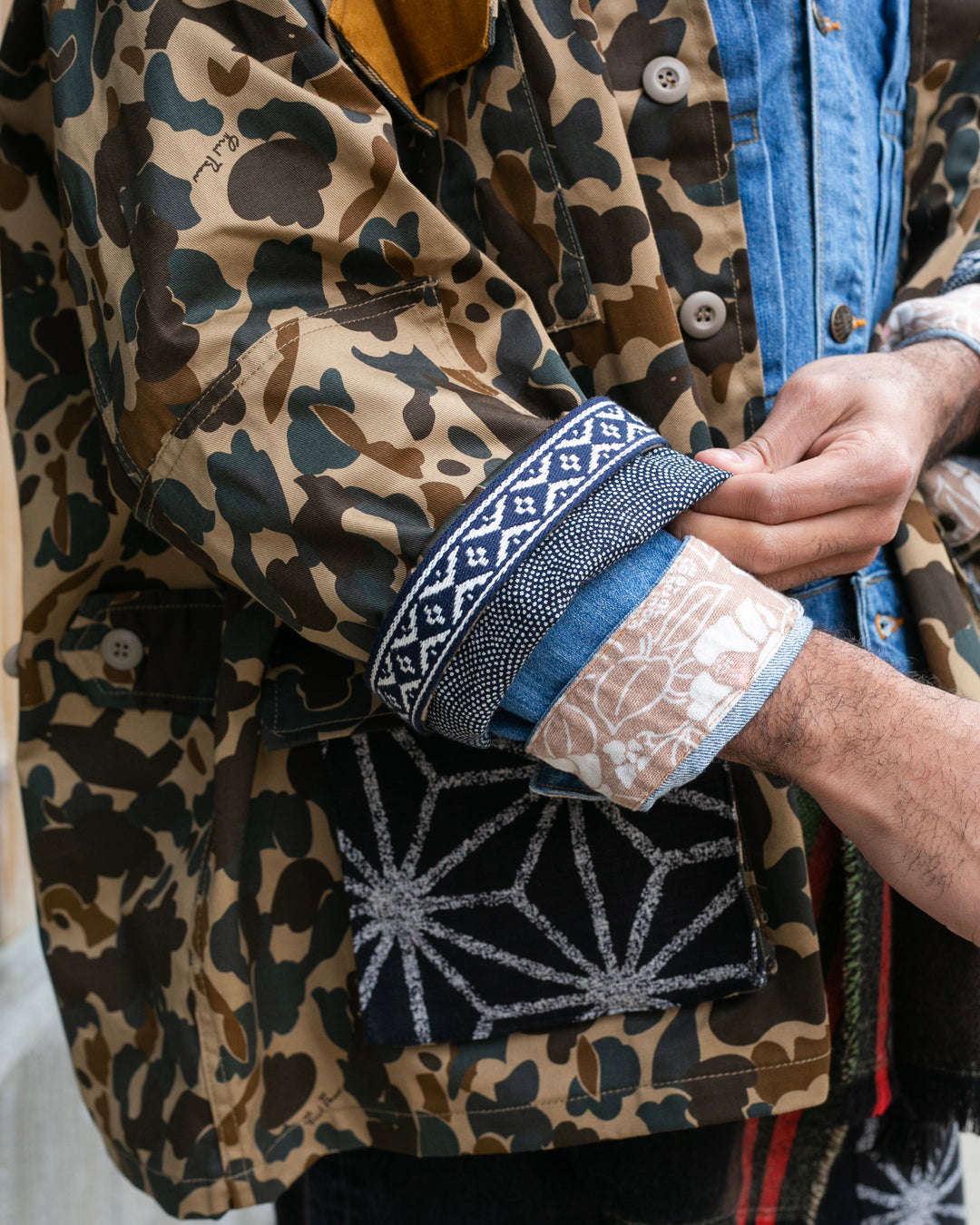 Kiriko Custom Military Jacket, Camo Patched, Kiri Karakusa Obi with Hishi Webbing, Asanoha, and Orange Pocket Flaps