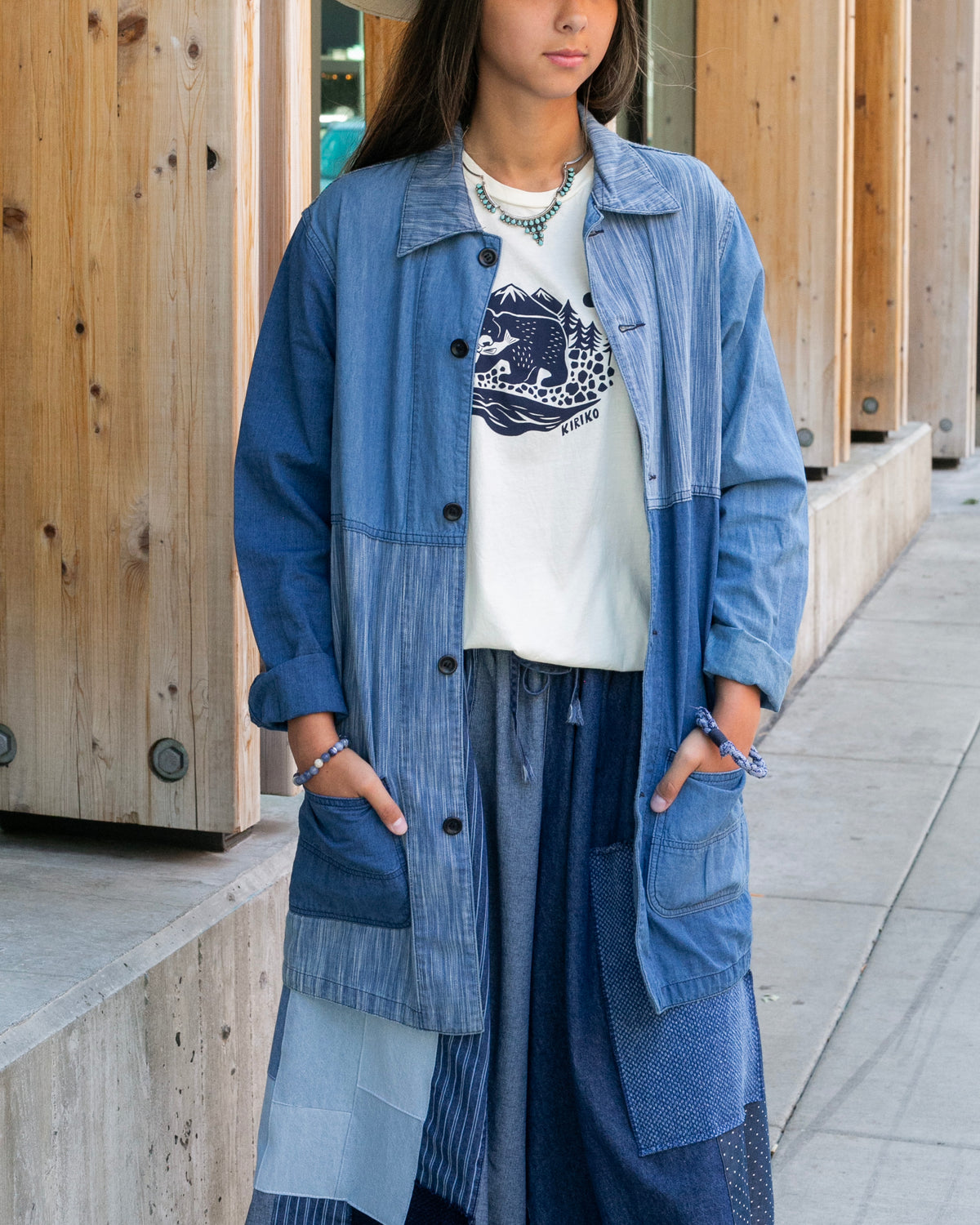 Japanese Repro Denim Button Up Shirt, M, FDMTL, Patchwork Denim