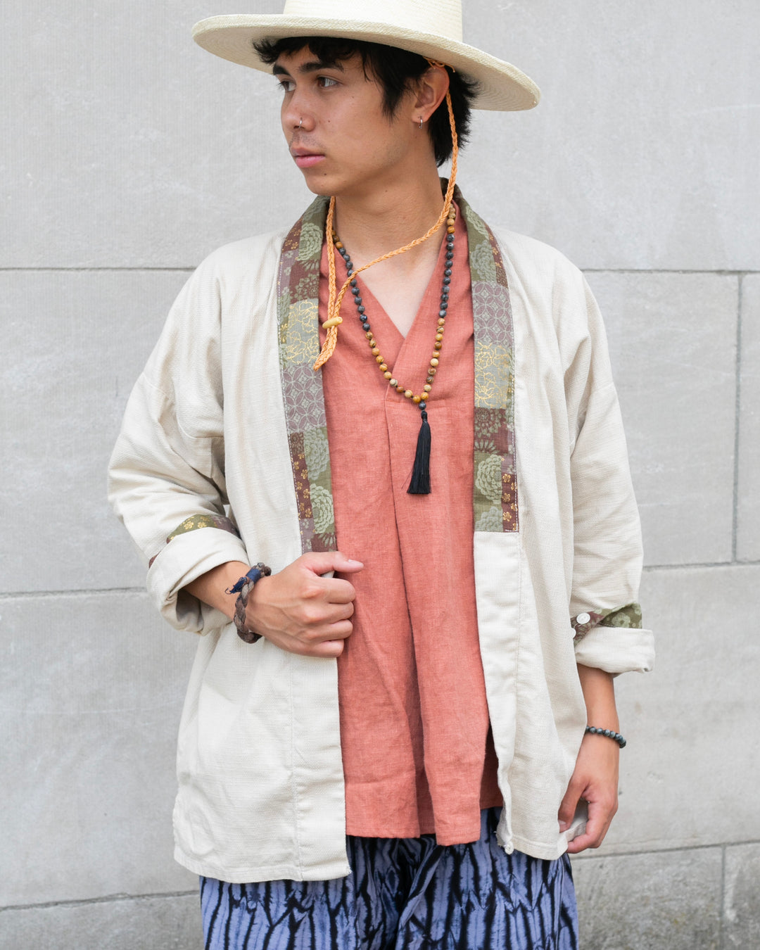 Kiriko Original Jacket, Modern Noragi, Cream and Multi Patchwork, Azuki and Gold