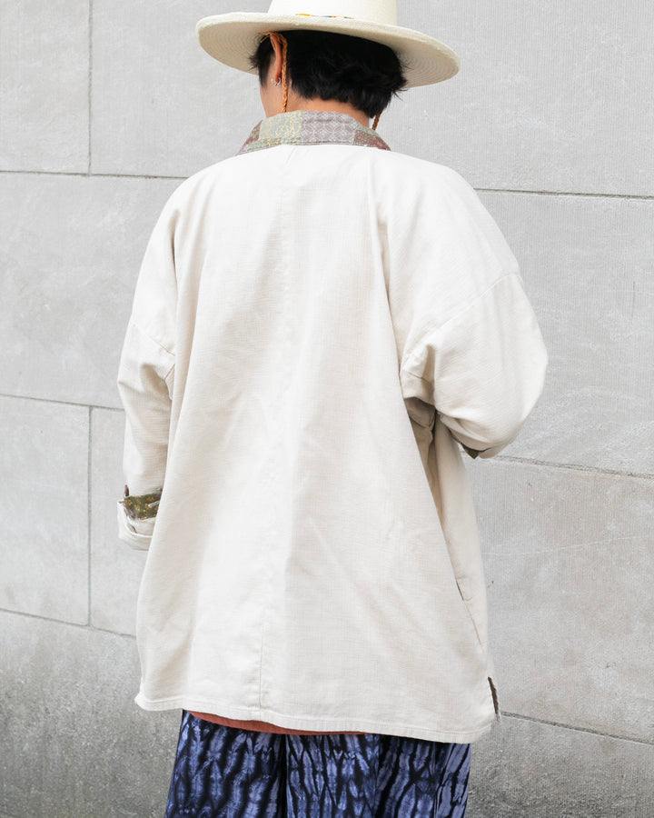 Kiriko Original Jacket, Modern Noragi, Cream and Multi Patchwork, Azuki and Gold