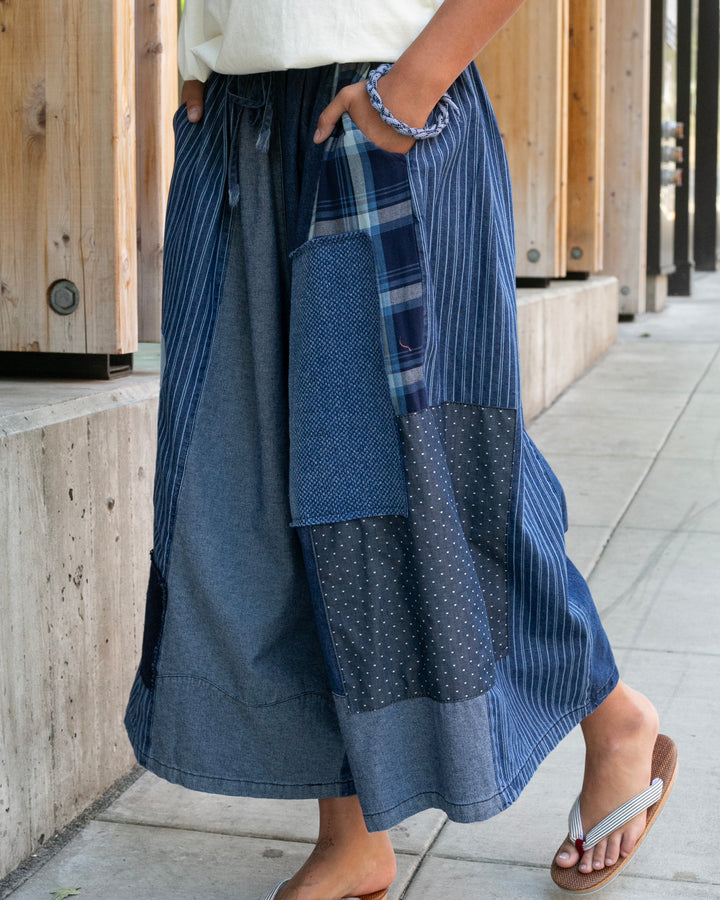 Kiriko Custom Wide Leg Pants, Washed Indigo Patched, Version 1