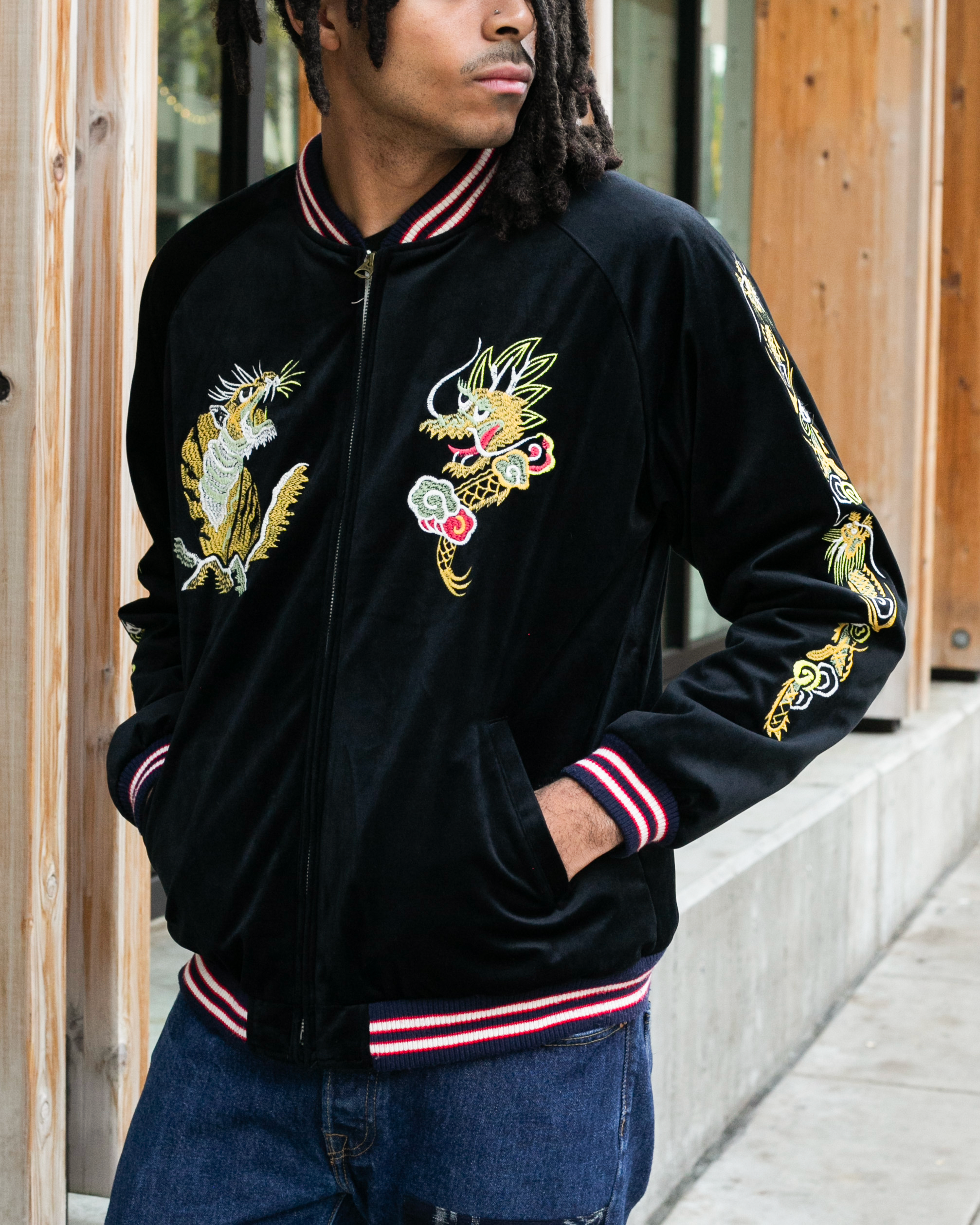 Japanese Repro Souvenir Jacket, XL, Black, Tiger and Dragon