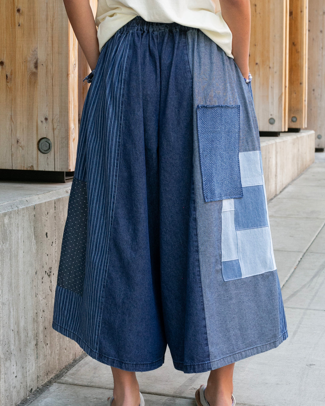 Kiriko Custom Wide Leg Pants, Washed Indigo Patched, Version 1