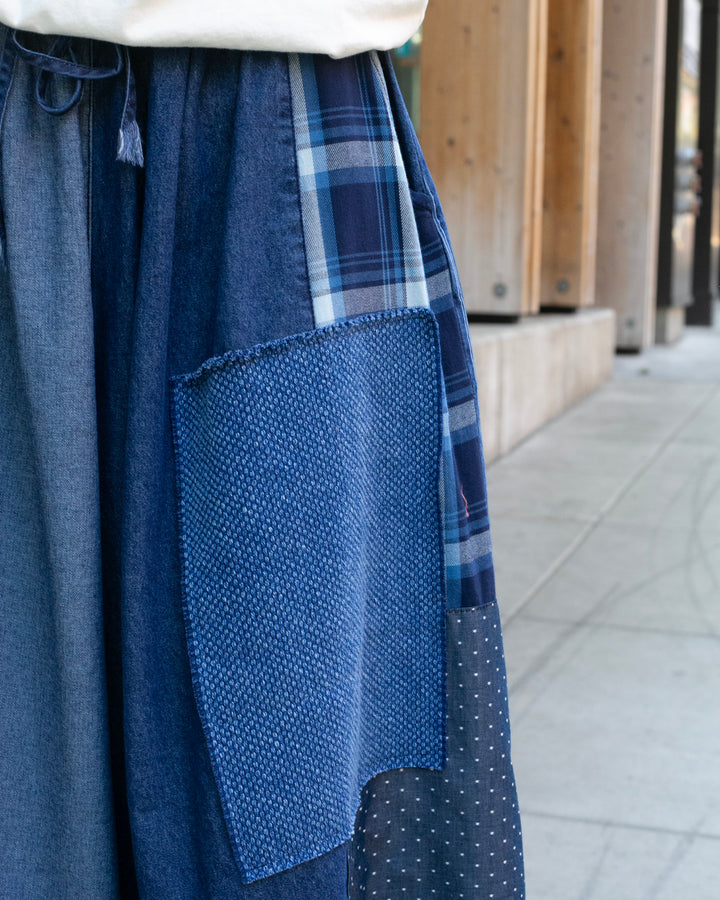 Kiriko Custom Wide Leg Pants, Washed Indigo Patched, Version 1