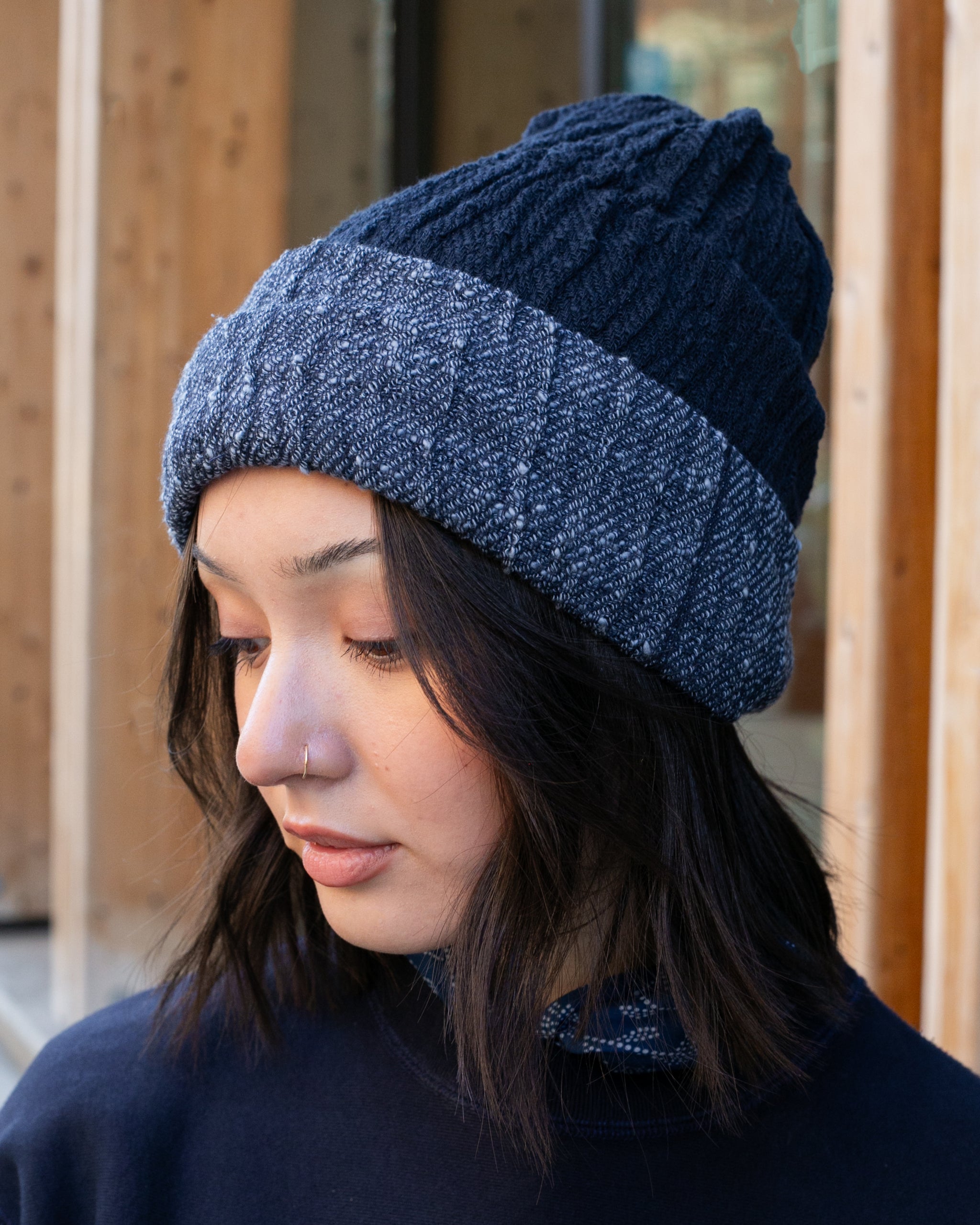 りんごIssa Londonダークネイビー Kobo Oriza Knit Cap, Multi Functional, Cotton, Split Navy and