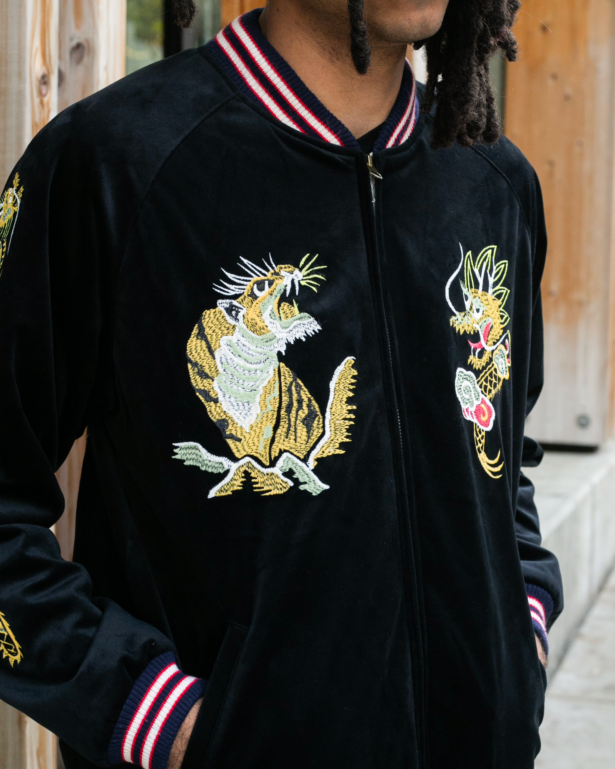 Japanese Repro Souvenir Jacket, XL, Black, Tiger and Dragon