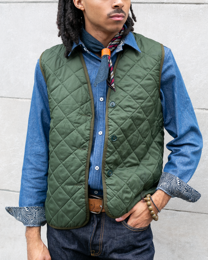 Women's US Vintage Quilted Liner Vest, ListaRock Brand, Military Green with Olive Accents - 1