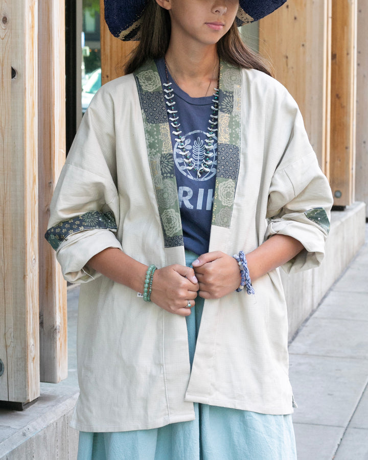 Kiriko Original Jacket, Modern Noragi, Cream and Multi Patchwork, Sage and Gold