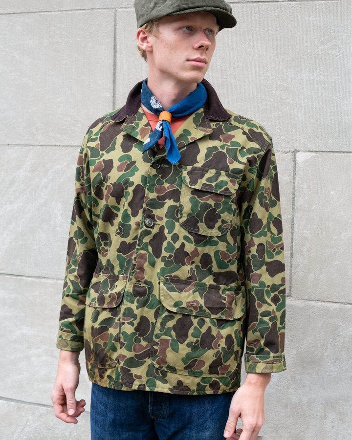 US Vintage Hunting Jacket, Black Sheep Brand, Green Frog Camouflage with Brown Corduroy Collar - 48