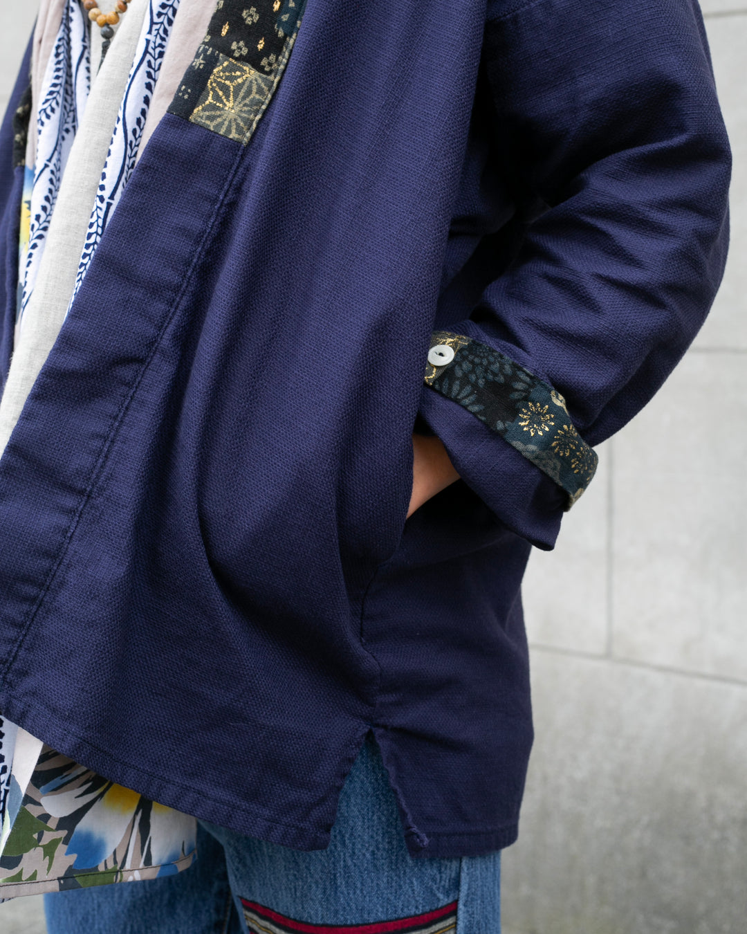Kiriko Original Jacket, Modern Noragi, Indigo and Multi Patchwork, Dark Teal and Gold