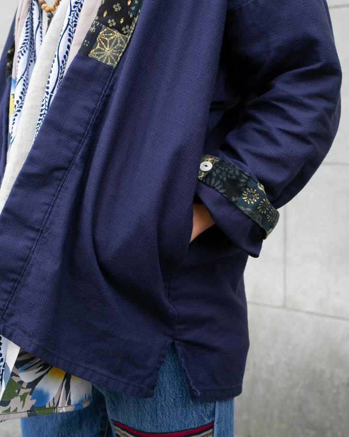 Kiriko Original Jacket, Modern Noragi, Indigo and Multi Patchwork, Dark Teal and Gold