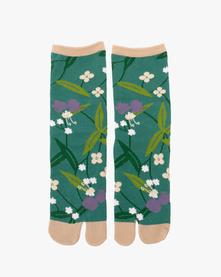 Wa Modern, Tabi Socks, Crew, Teal and Muti-Color Flowers S/M