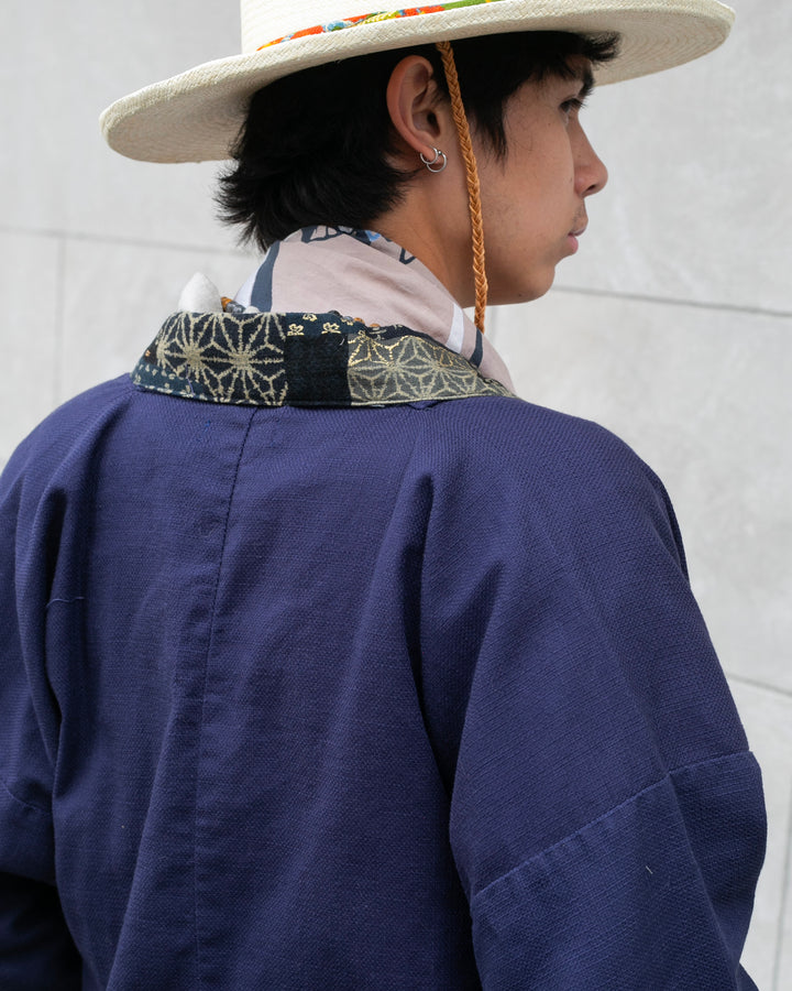 Kiriko Original Jacket, Modern Noragi, Indigo and Multi Patchwork, Dark Teal and Gold
