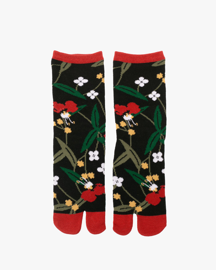 Wa Modern, Tabi Socks, Crew, Black and Muti-Color Flowers S/M