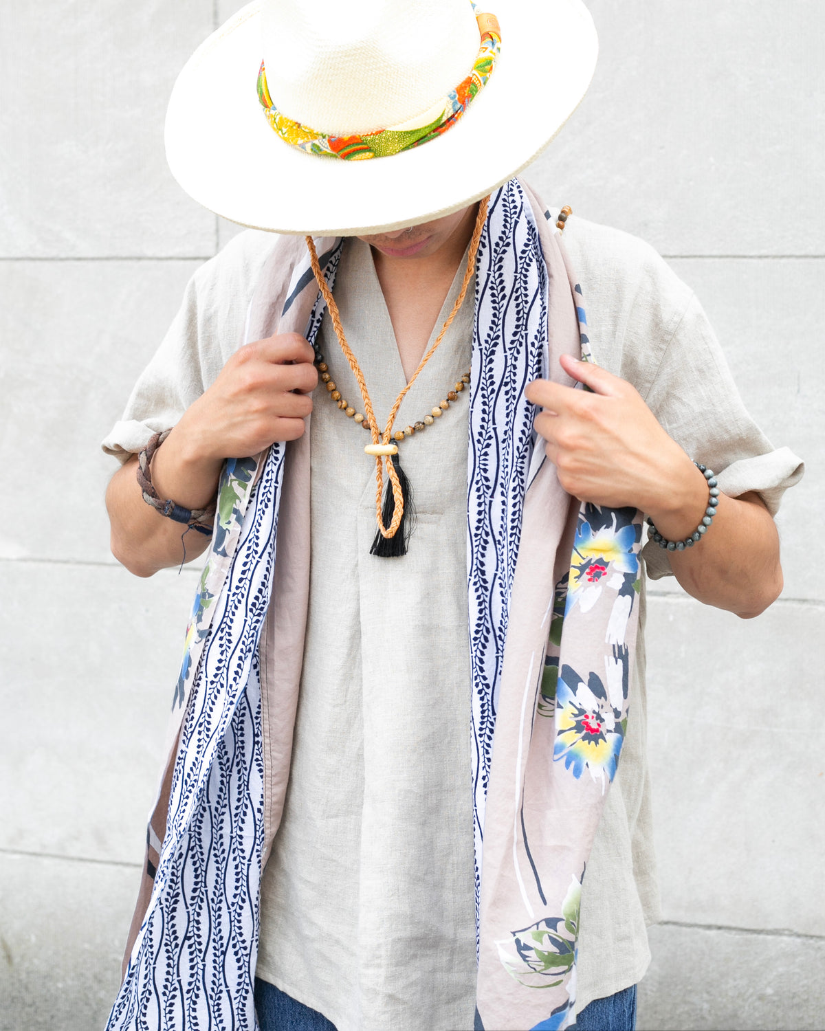 Kiriko Original Scarf, Split Yukata, Wide, Beige with Abstract Flowers