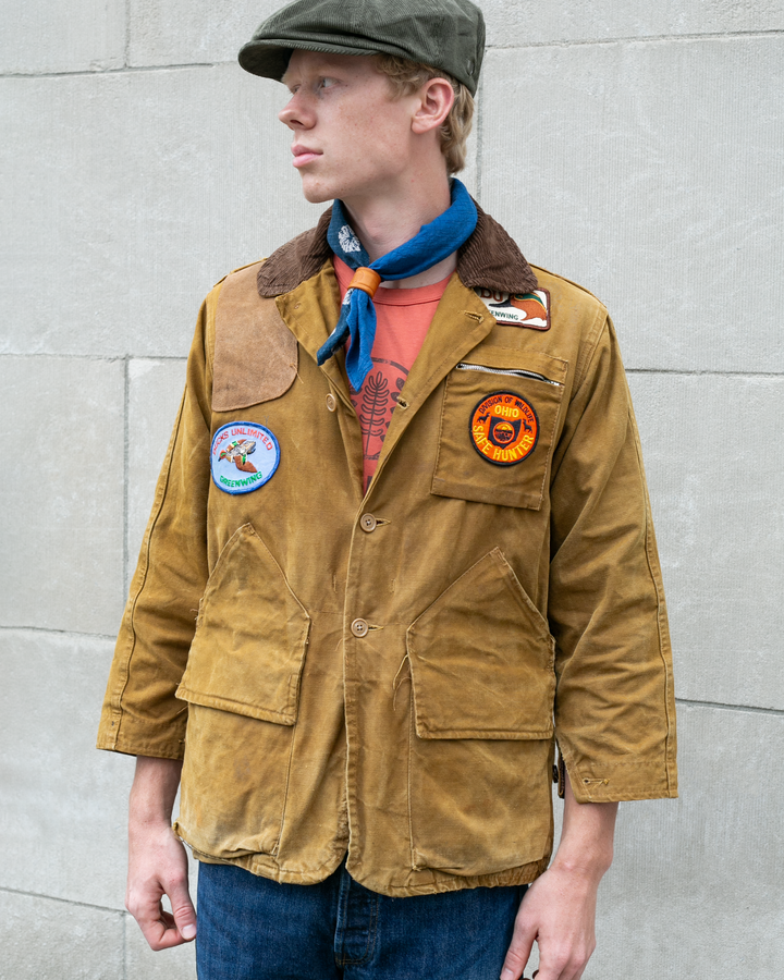 US Vintage Hunting Jacket, Bullseye Bill Brand, Patched Mustard Duck Canvas with Corduroy Collar - 45