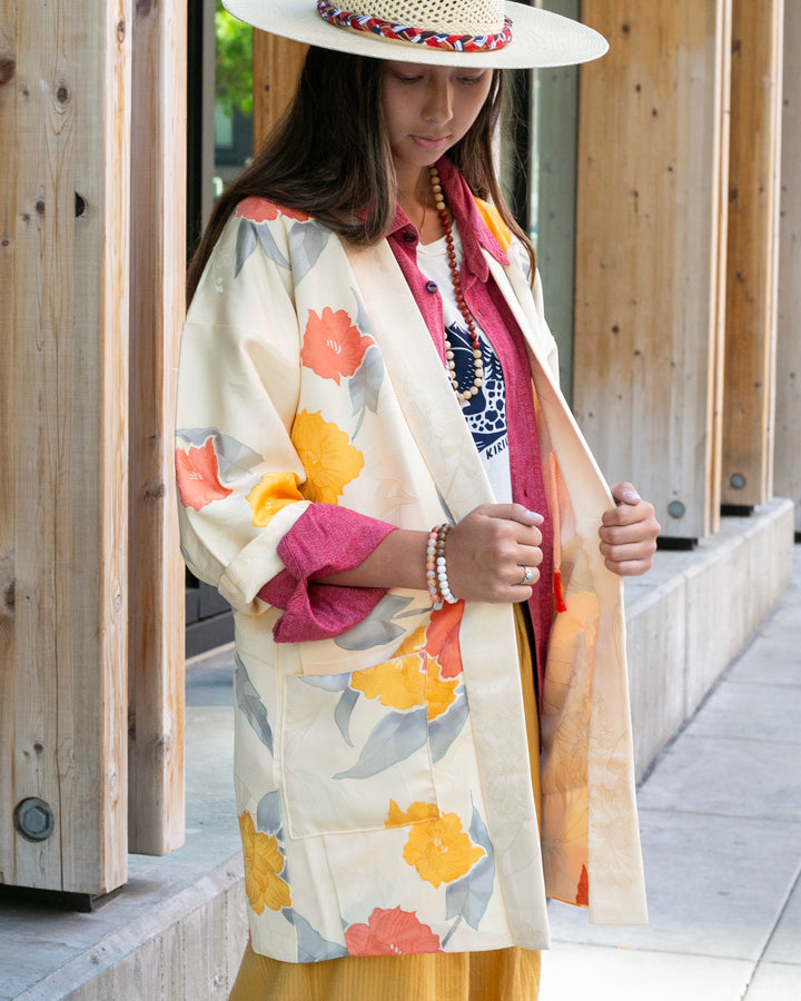 Kiriko Custom, Altered Kimono Jacket, Orange Flowers with Gray Leaves