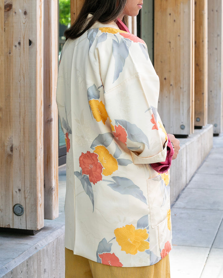 Kiriko Custom, Altered Kimono Jacket, Orange Flowers with Gray Leaves