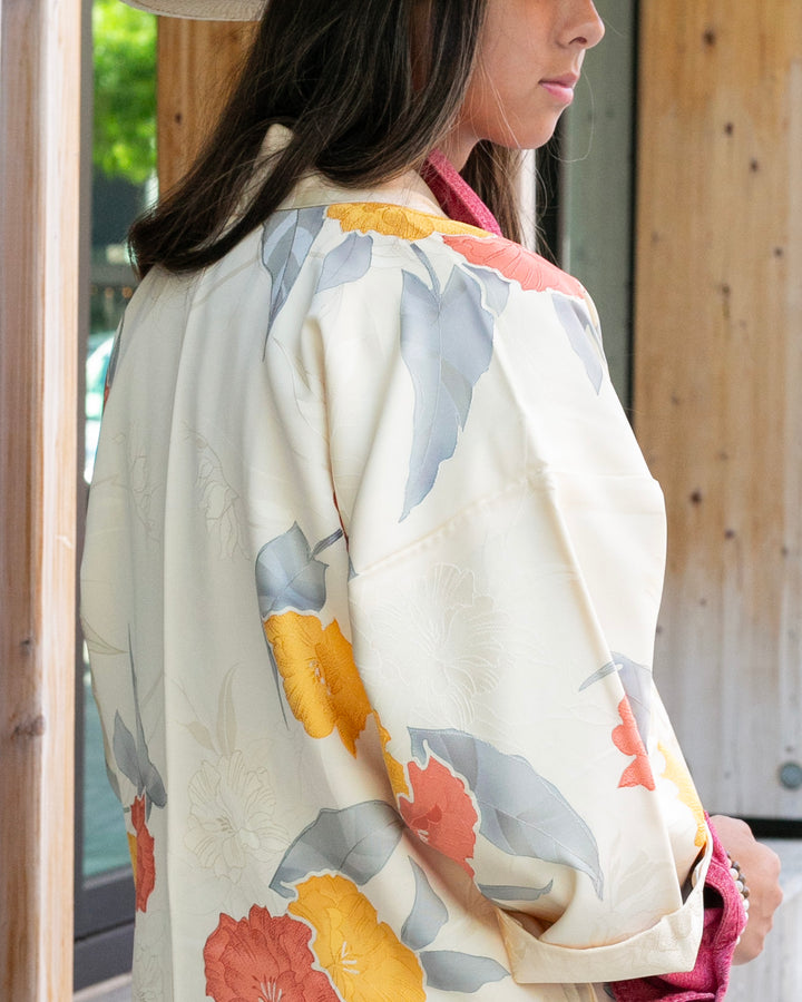 Kiriko Custom, Altered Kimono Jacket, Orange Flowers with Gray Leaves