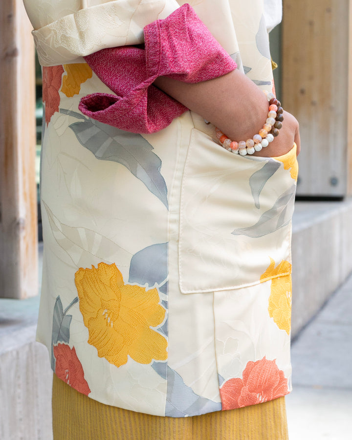 Kiriko Custom, Altered Kimono Jacket, Orange Flowers with Gray Leaves