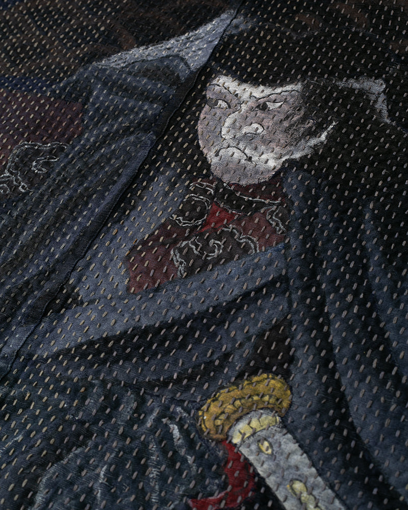Vintage Noragi Jacket, Hand-Stitched Sashiko and Painted Eagle and Samurai