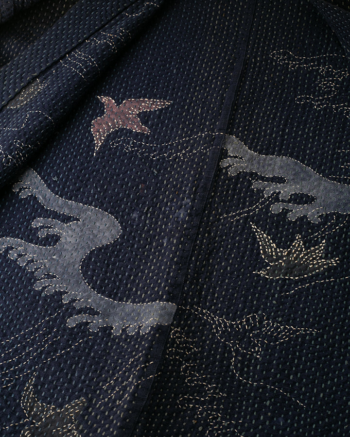 Vintage Noragi Jacket, Hand-Stitched Sashiko and Painted Eagle and Samurai
