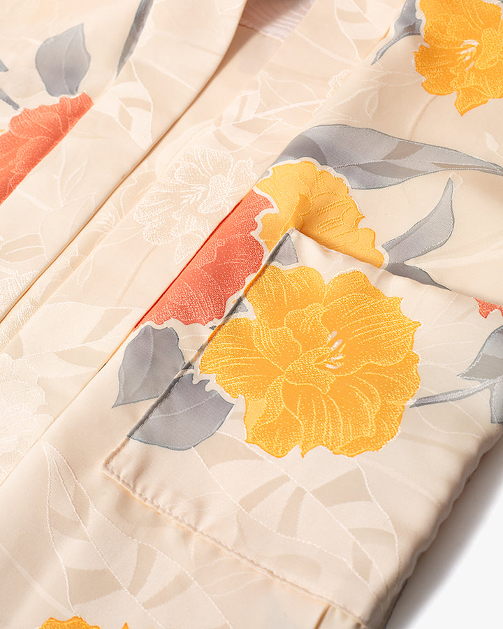 Kiriko Custom, Altered Kimono Jacket, Orange Flowers with Gray Leaves