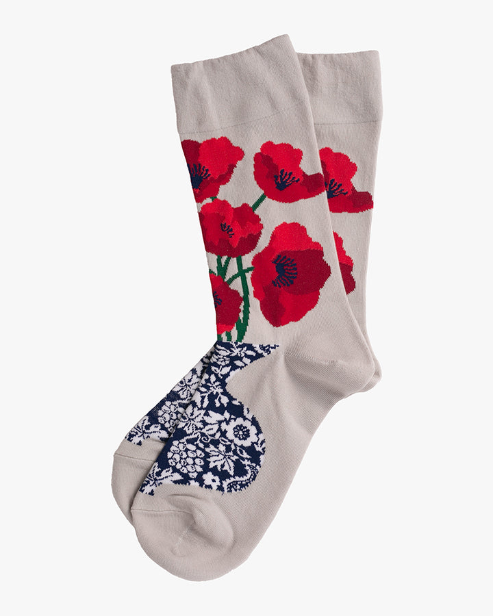 Debby Co., Crew Socks, Andé Collection, Grey with Red Flowers and Indigo Patterns