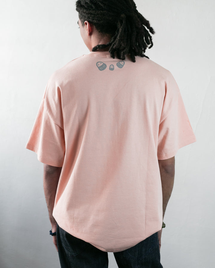 Kiriko Original Tee, Printed Daruma, Pink with Grey