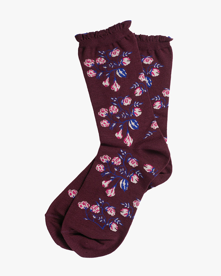 Debby Co., Crew Socks, Maison Blanche Collection, Maroon with Vibrant Floral